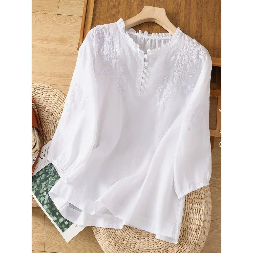 

Cotton And Linen Embroidered Top, Women's 2025 Summer New Casual Loose Short Sleeved Shirt