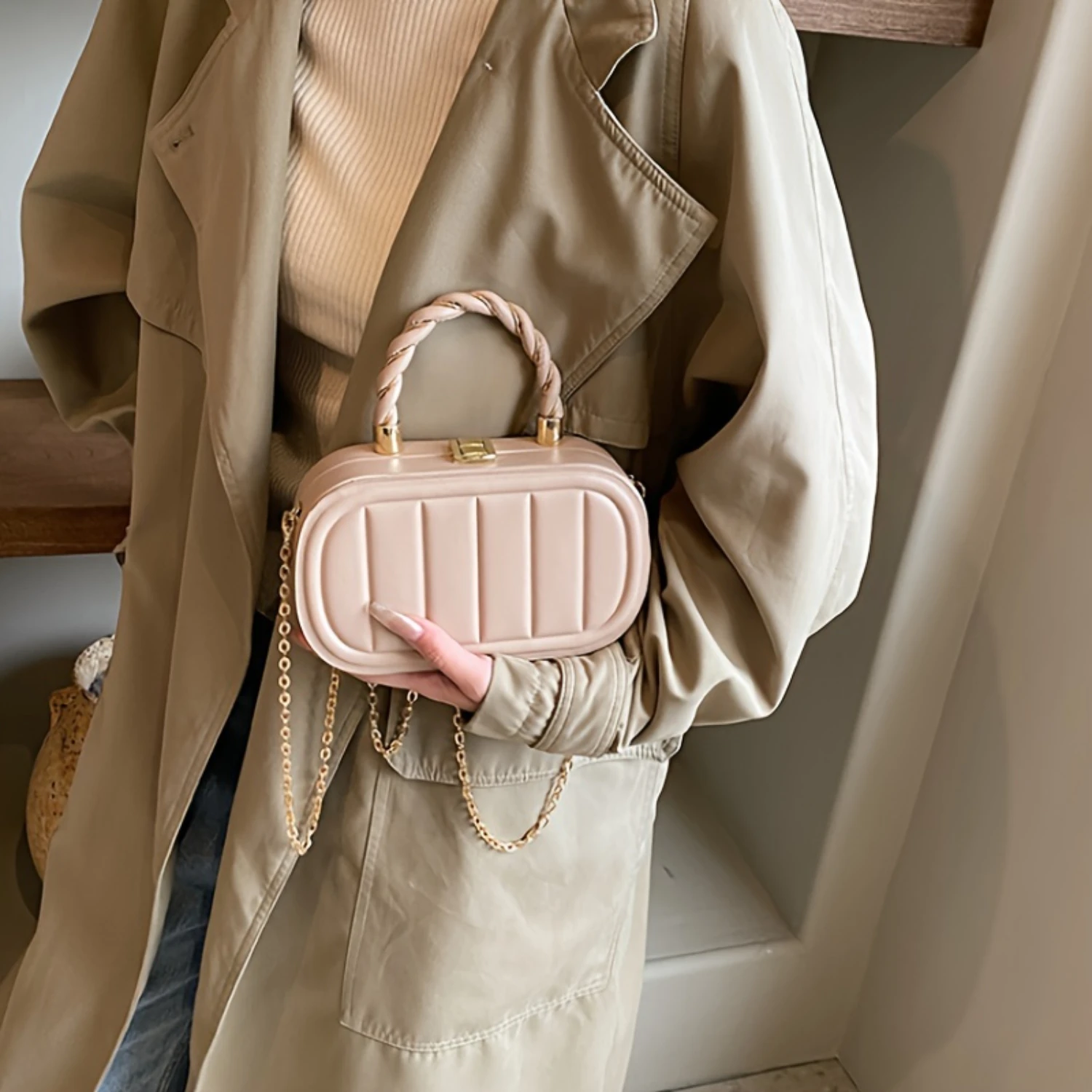 

Women's Mini Bag, Top Handle Box Purse With Chain, Single Shoulder Crossbody PU Handbag, Fashion Accessory