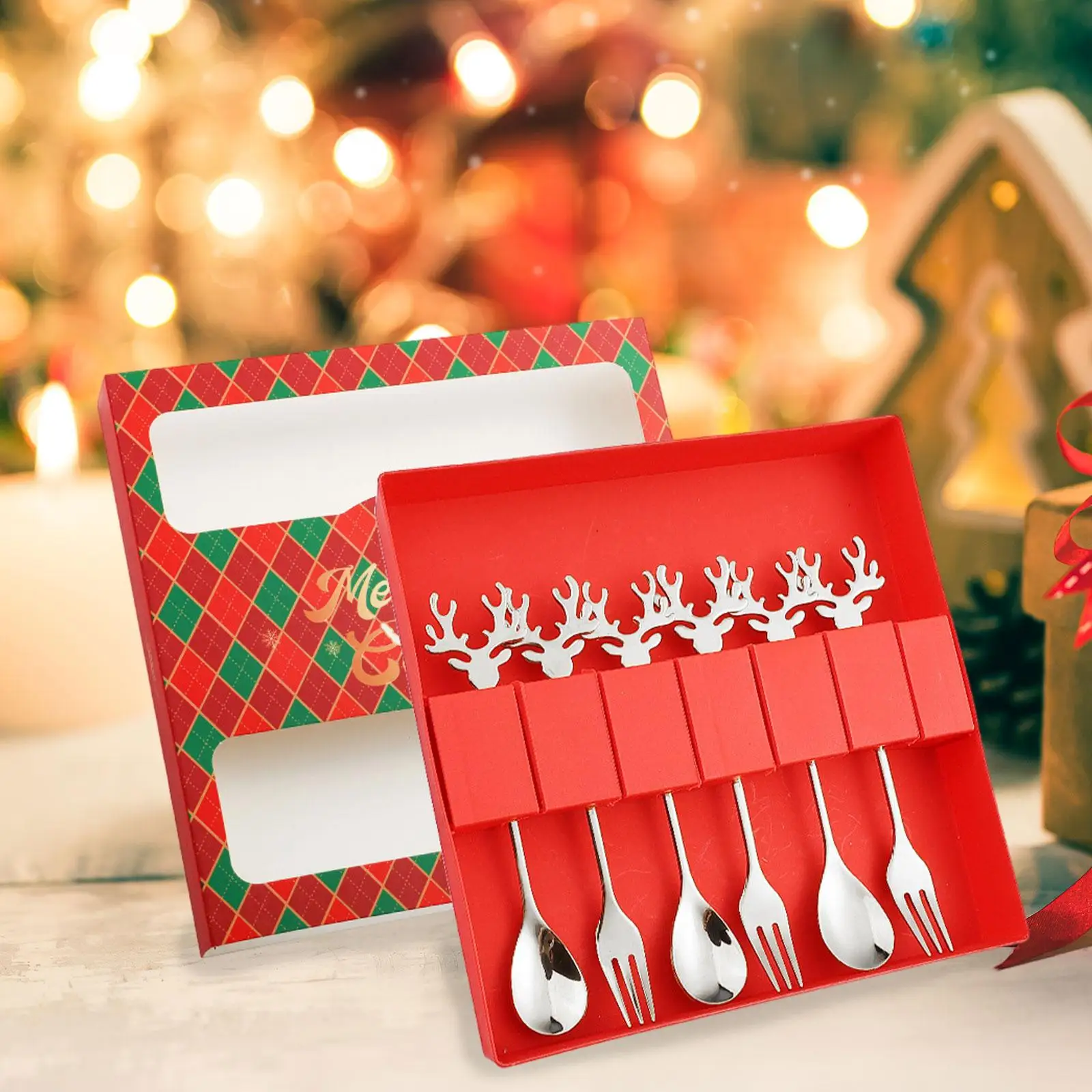 Dessert Fork Spoon Set Reusable Stainless Steel Christmas Tableware for Family Gatherings Party Gifts