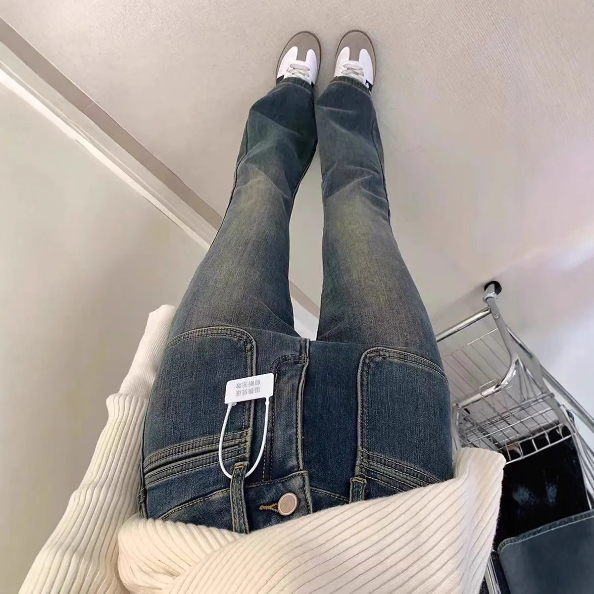 High Waist Fleece Lined Thickened Micro Flared Jeans Women's Loose Fit Straight Leg Floor Length Pants Casual Style Winter Wear