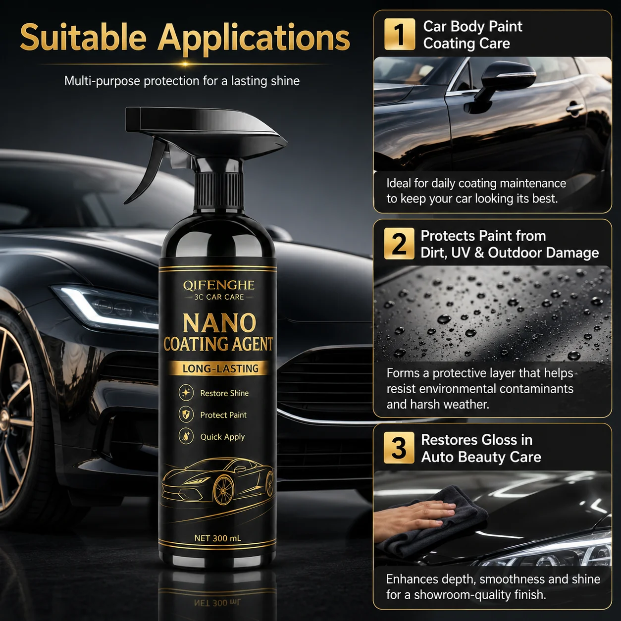 QIFENGHE Spiegelglanz Nano-Beschichtung 300ml Langanhaltender Autolackschutz Schnelle Anwendung UV-Beständig – Detail 1