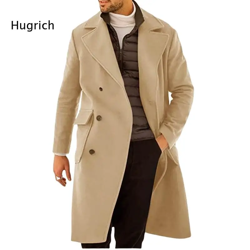Men Lapel Double Breasted Long Wool Blend Coat Solid Turn Down Collar Long Sleeve Winter Outerwear Jacket with Pockets