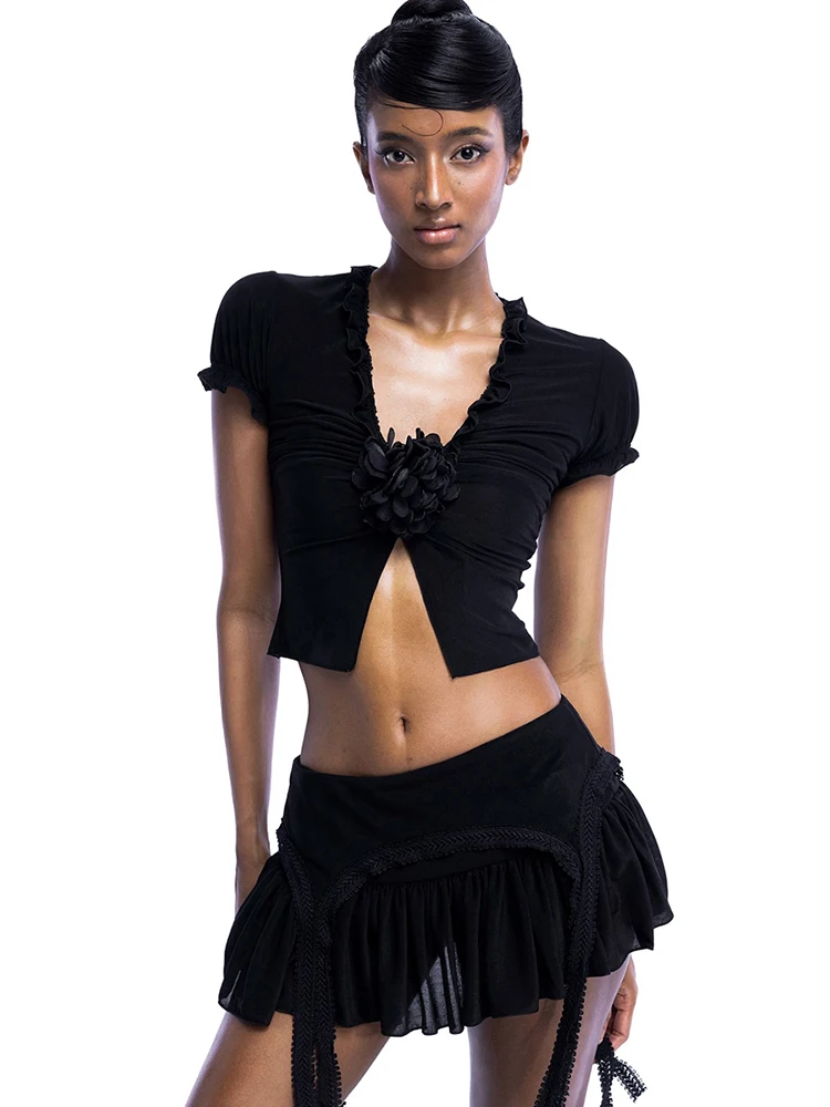 

InGrily Hipster Sexy 2-Piece Set Women 3d Flowers Folds v-Neck Slit t-Shirts+Tassels Skirts Skinny Midnight Hottie Summer Suits