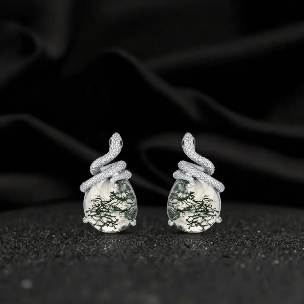 

Fashion Snake Stud Earrings 925 Silver Pear Cut Moss Agate Earrings Studs for Men Women Gift Party