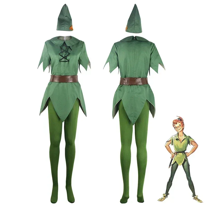 ❤ Película Peter Pan, conjunto de tela de elfo verde, sombrero, uniforme, disfraz de Peter Pan, disfraz de Carnaval de Halloween ★ ❤ ★
