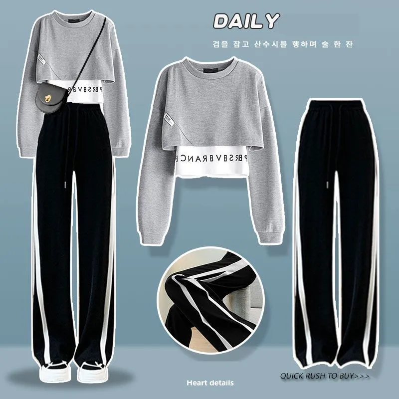 Women's Tracksuit 2023 Spring Autumn New Fashion College Fake Two Piece Sweater Wide Leg Pants Suit Korean Loose Chic Sportswear