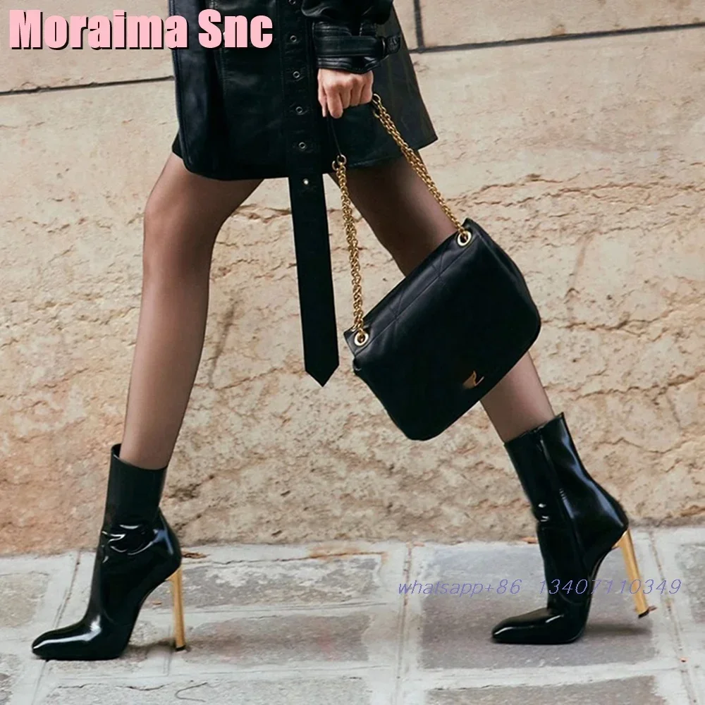 2026 New Patent Leather Ankle Boots Square Toe Side Zipper Golden Block High Heel Sexy Black Solid Women's Modern Boots Autumn