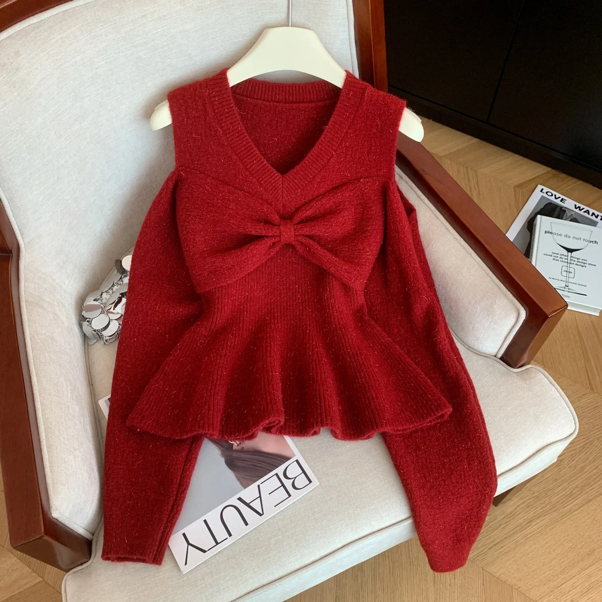 

Женский свитер с v-образным вырезом и длинным рукавом с узлом Y2K, американский уличный модный сексуальный повседневный топ в стиле ретро, зимняя одежда