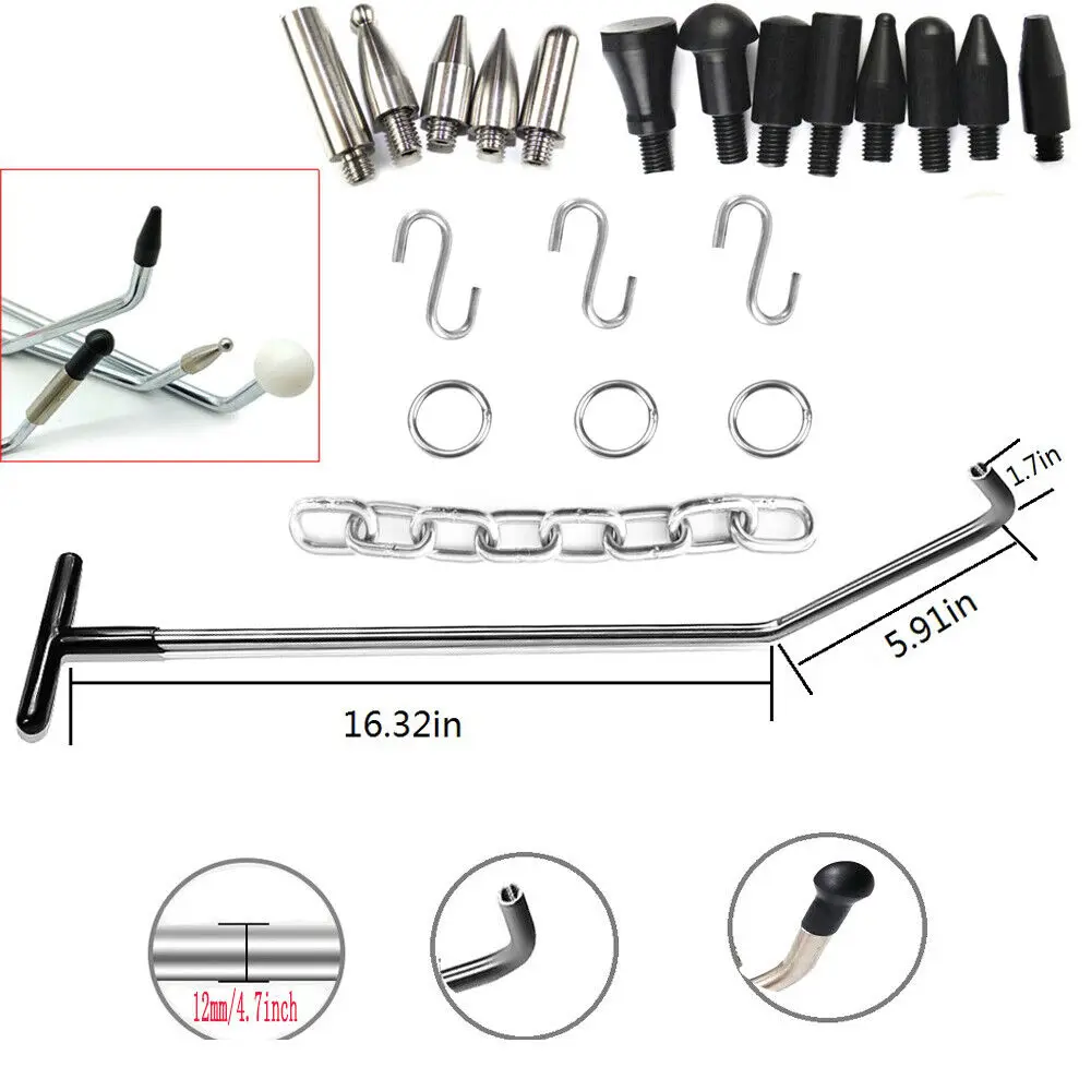 Car Dent Removal Tools Stainless Steel Dent Pull Rod with Replaceable Tips Auto Body Hail Damage Paintless Repair Kit