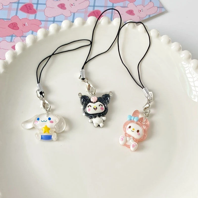 Sanrio Anime My Melody Resin Keychain Cartoon Kuromi Transparent Shiny Keyring Cute Phone Lanyard Sweet Bag Pendant Decorations