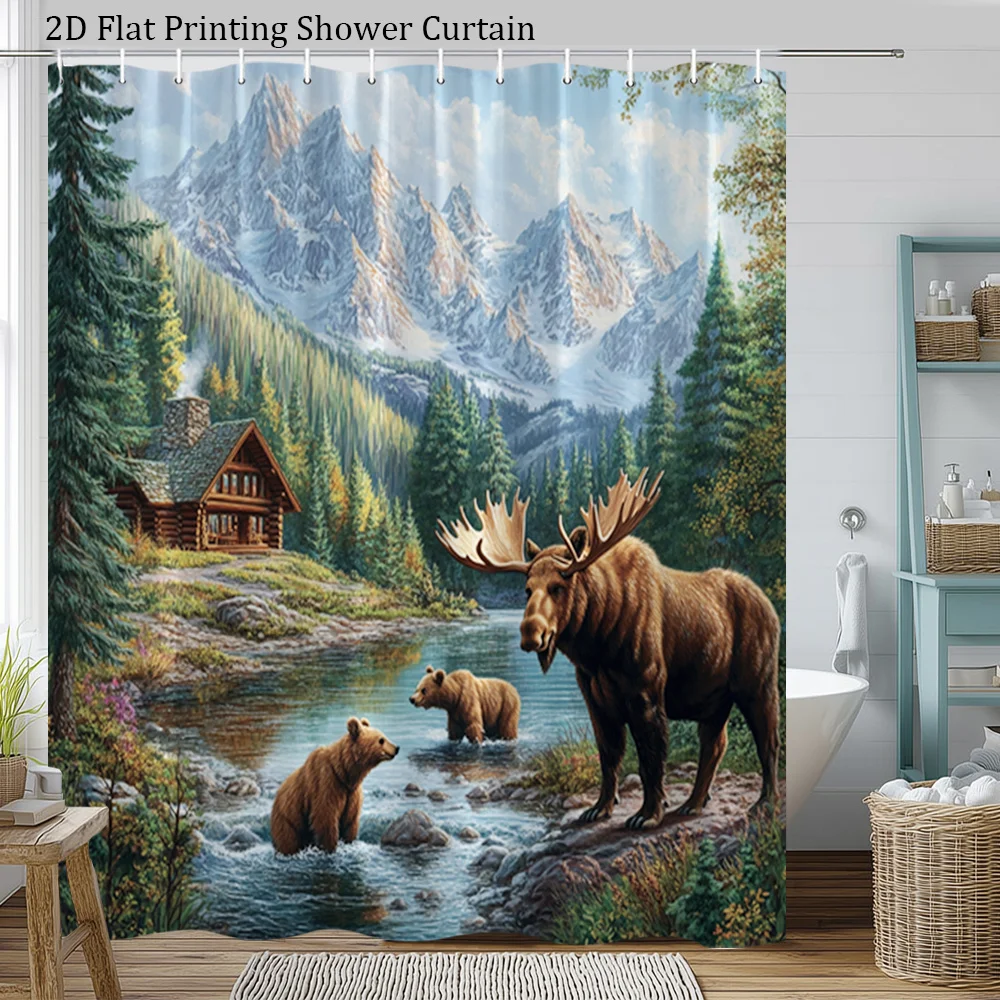 1pc Nature Scene Shower Curtain - Majestic Moose & Bear Forest Cabin Mountain Landscape with Pine Trees, Snow-Capped Peaks & Rus