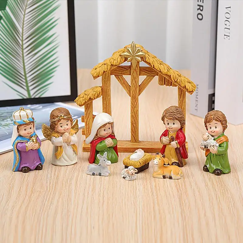 Miniature Kids Nativity Scene Christmas Indoor Scene Statue Figurines Jesus Manger Crib Ornament 12X Christmas Nativity Scene