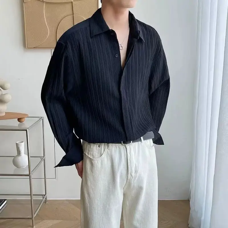 Luxury Black White Apricot Long Sleeve Shirt Men Fashion Wave Texture Cross-border Mens Shirt Pleated Loose Casual Tops Shirts