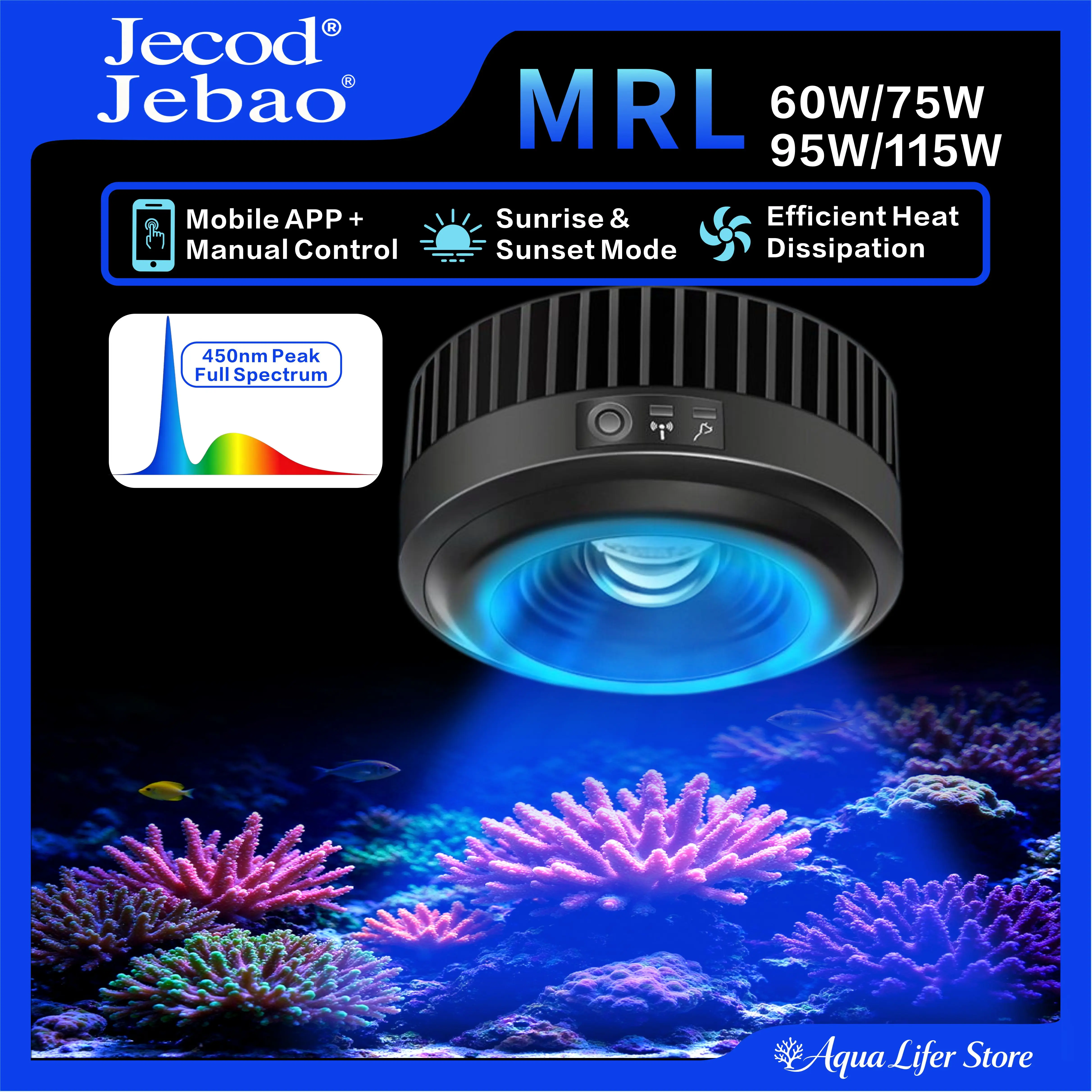 ジェバオ・ジェコード-mrl-リーフ水槽用ledライト。フルスペクトル、wi-fi＆bluetoothによるスマート制御、サンライズ・サンセット・ムーンライトモード搭載。サンゴ水槽に最適。
