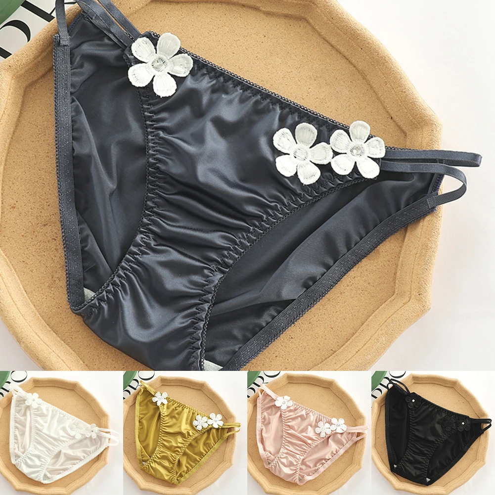 Women Sexy Skinny Floral Satin Breathable Low Waist Lingerie Panties Flower Panties Cotton Crotch Traceless Women\'s Briefs