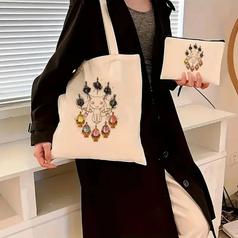 

Модная женская косметичка Madoka Magica Puella Magi, 2 шт., парусиновая сумка на плечо, большая вместительная эко-сумка для покупок, кошелек