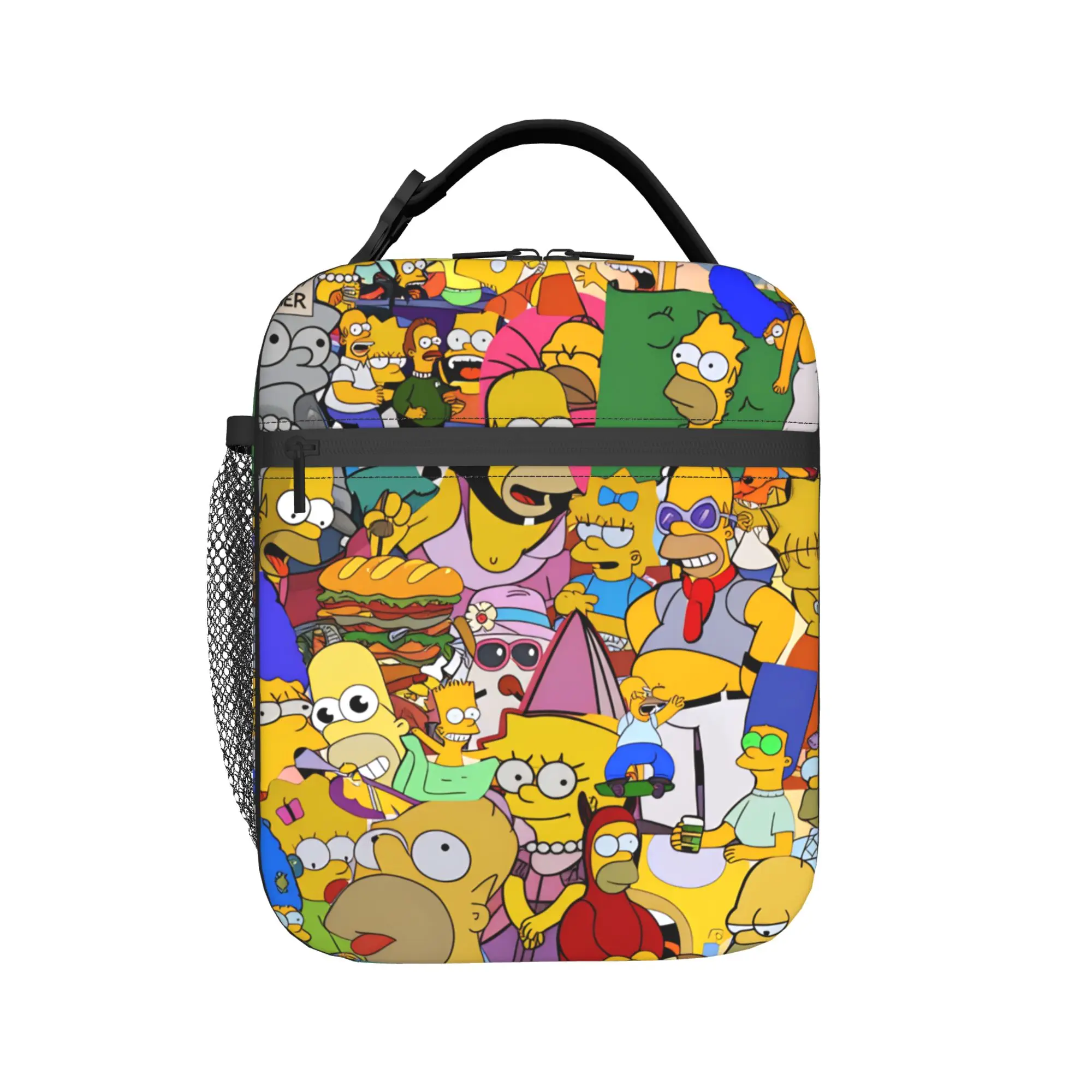 Fun S-Simpsons Cartoon Characters Group Lunch Bag Portable Lunch Box School Graphic Design Cooler Bag Casual Oxford Lunch Bags