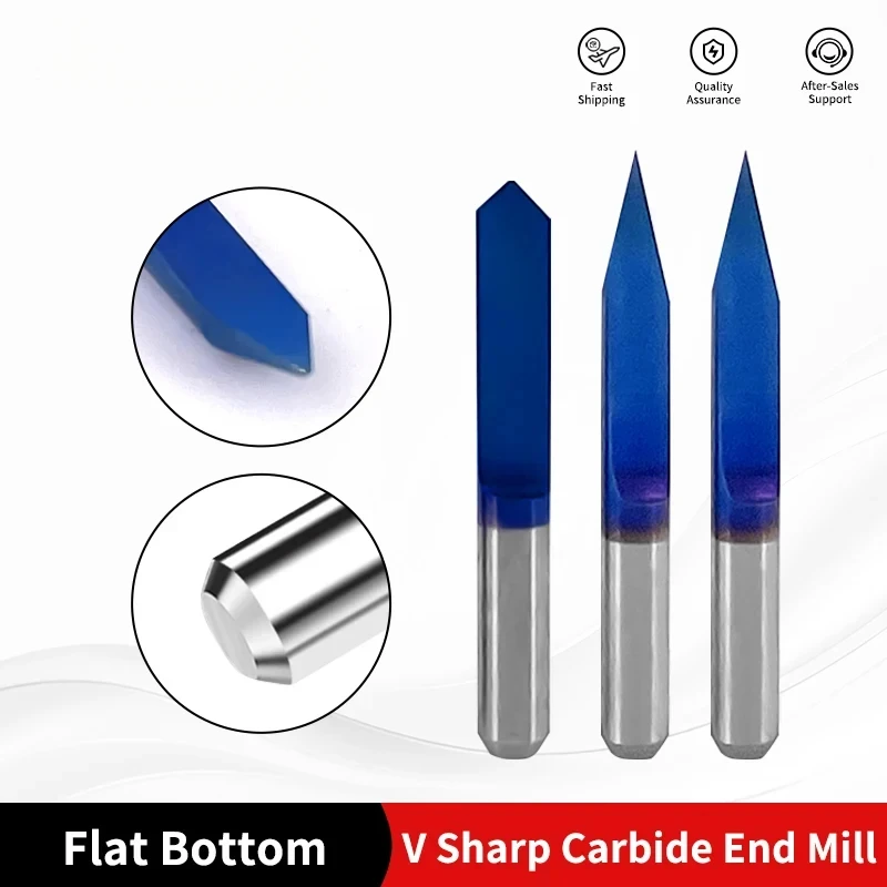 

10PCS Flat Bottom Carbide Router Bits 10 15 20 30 45 60 90 Degrees 6.35mm Shank Tungsten Steen Milling Cutters CNC Engraving Bit