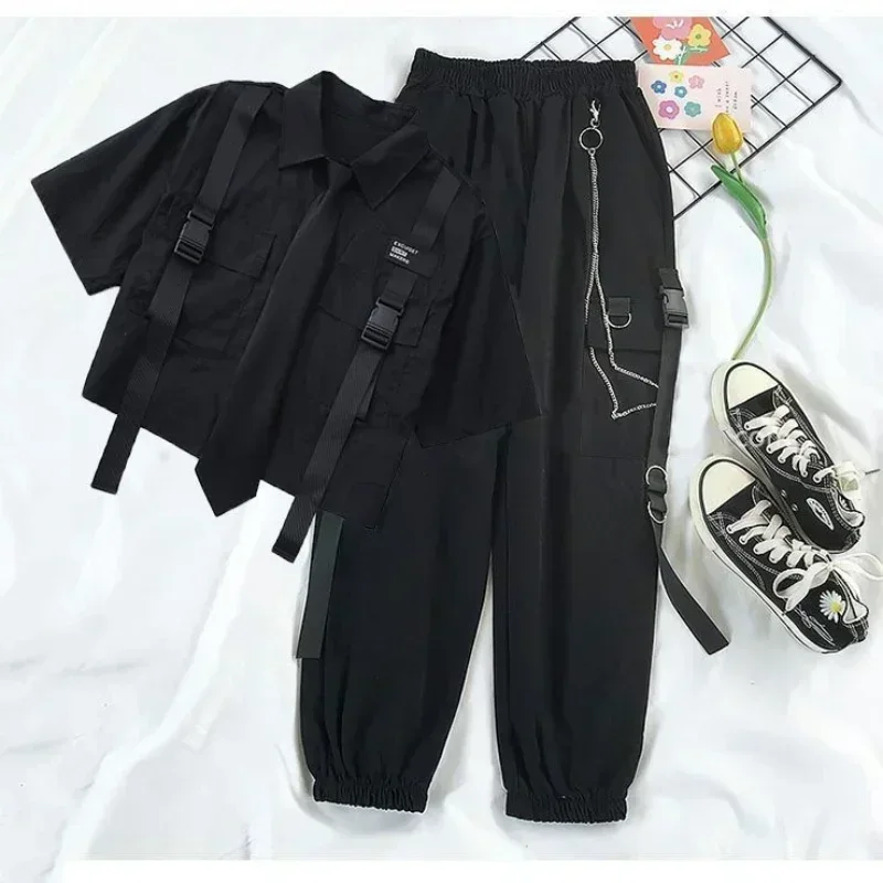 Casual Cargo Pants Suit for Women, Spring Streetwear High-Waist Straight Ribbon Pants with Short-Sleeved Shirt Two-piece Set