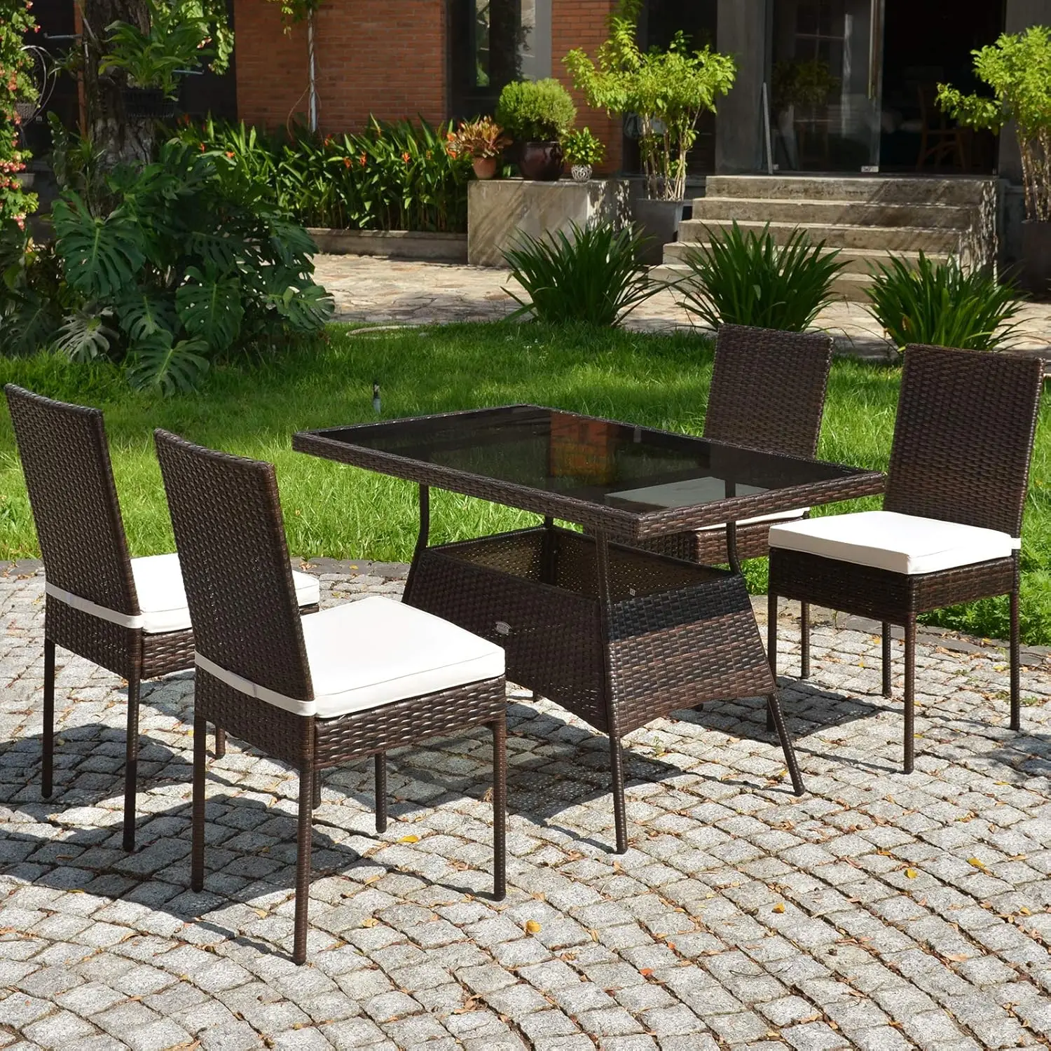 5PCS Patio Rattan Wicker Conversation Set,Outdoor Dining Table & Chairs w/Tempered Glass Table Top & Padded Cushions for Balcony