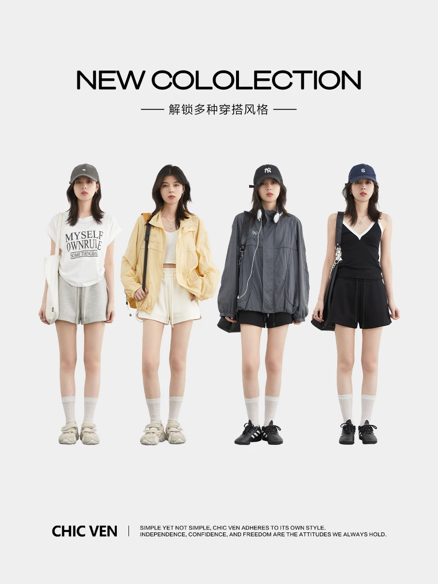 CHIC VEN-pantalones cortos deportivos para mujer, Shorts deportivos informales lisos con correa de cintura elástica, corte en A, para primavera y verano, 2025