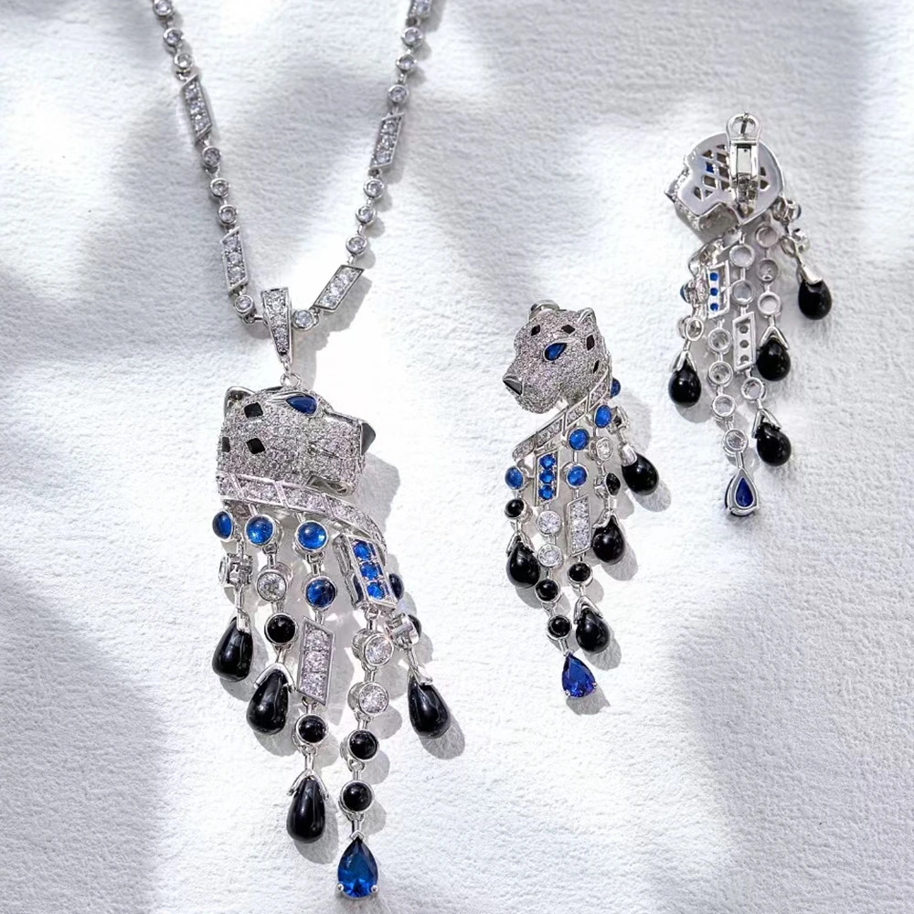 Women Large Black Blue Stone Leopard Tassel Panther Pendants Neckalce Earrings Luxury Designer Silver Gold plated Jewelry Sets