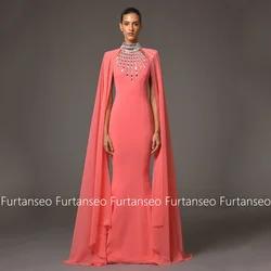 Coral Prom Dress for Woman Halter Chiffon Cape Customized Silver Rhinestone Sweep Train Mermaid Evening Gown فساتين سهرات