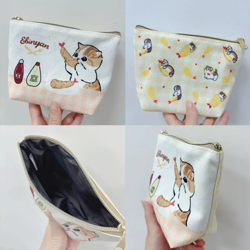 

Mofusand Cartoon Cosmetic Bag with Double-Sided Pattern Tempura Shrimp Cat Design Canvas Clutch Makeup Pouch for Daily Storage