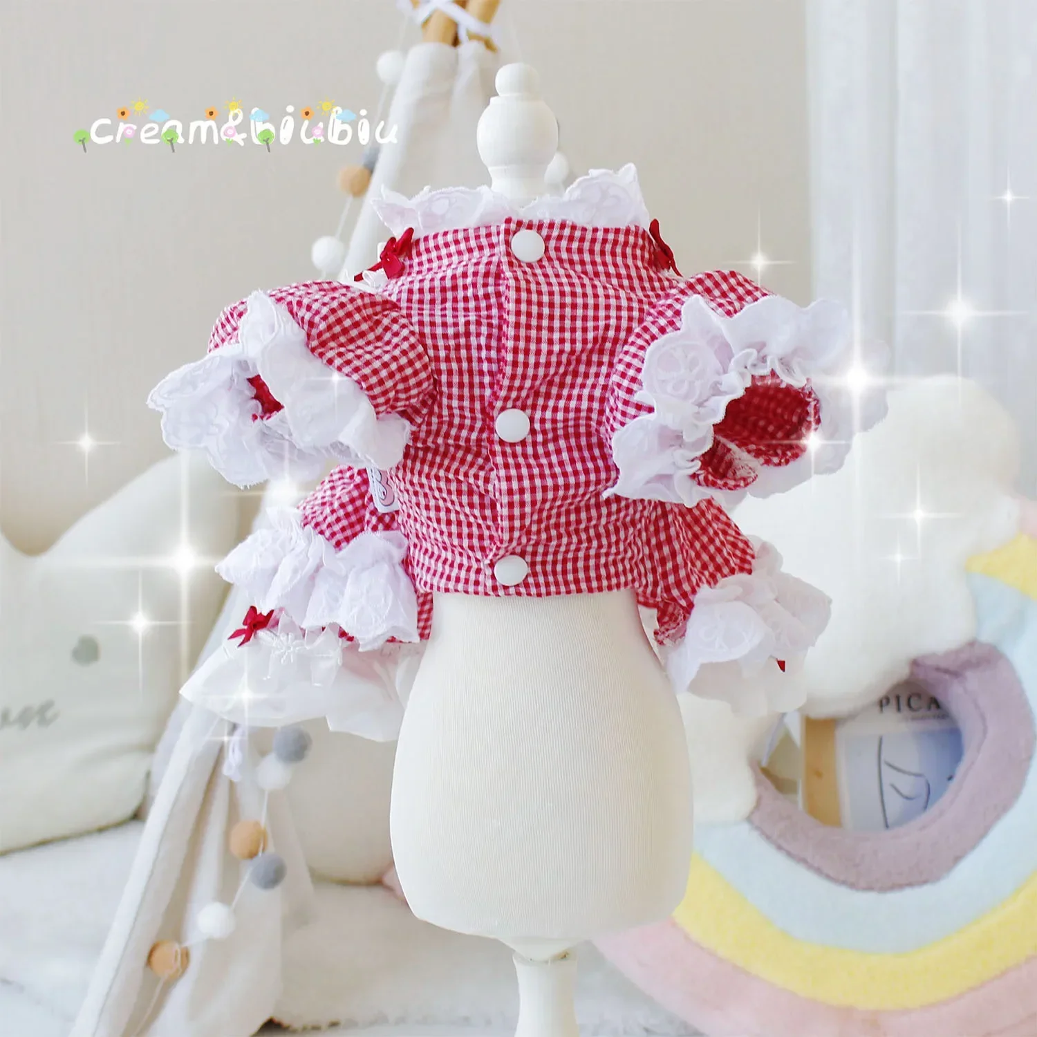 Pet Plaid Cherry Clothes Cat Spring/summer Maid Dress Cherry Red Plaid Dress Teddy Bear Comparison Dog Dresses for Small Dogs