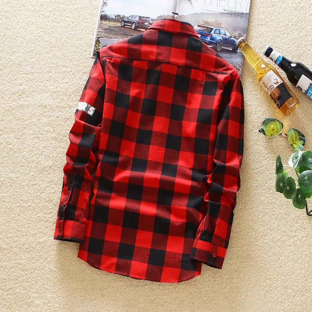 Single-breasted Plaid Shirt Plaid Print Warm Cardigan for Men Long Sleeve Lapel Shirt with Color Matching Buttons Mid for Fall