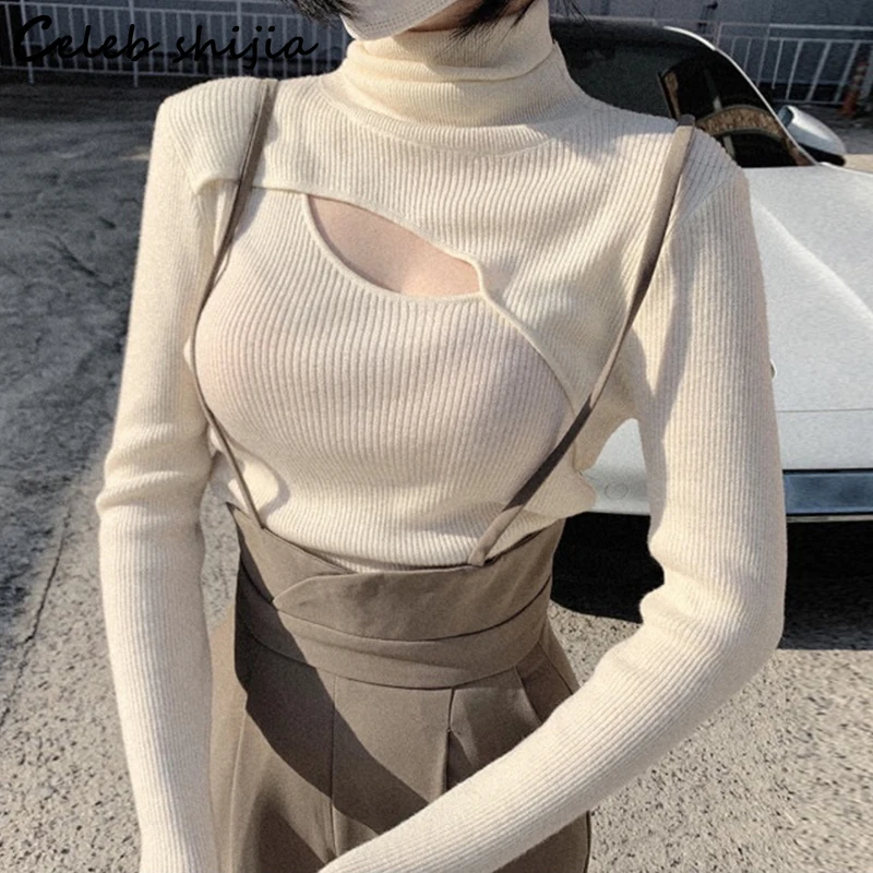 

New Cashmere Tops Women Spring 2023 Apricot Hollow Out Jumper Women Korean Fashion Long-sleeve Base Sweater Female chic