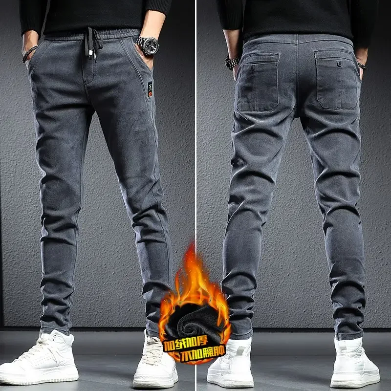 Autumn Winter High-end Fleece Plush Wool Streetwear Men\'s Clothing Casual Pants Men Elastic Waist and Full Length Joggers Jeans