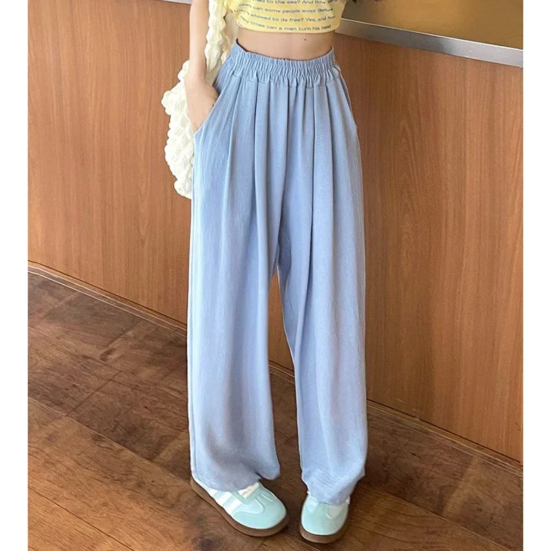 Women Chic Fashion Straight Leg Pants Girls Loose Fit Ice Silk Trousers Female Classic Korean High Waisted Slacks