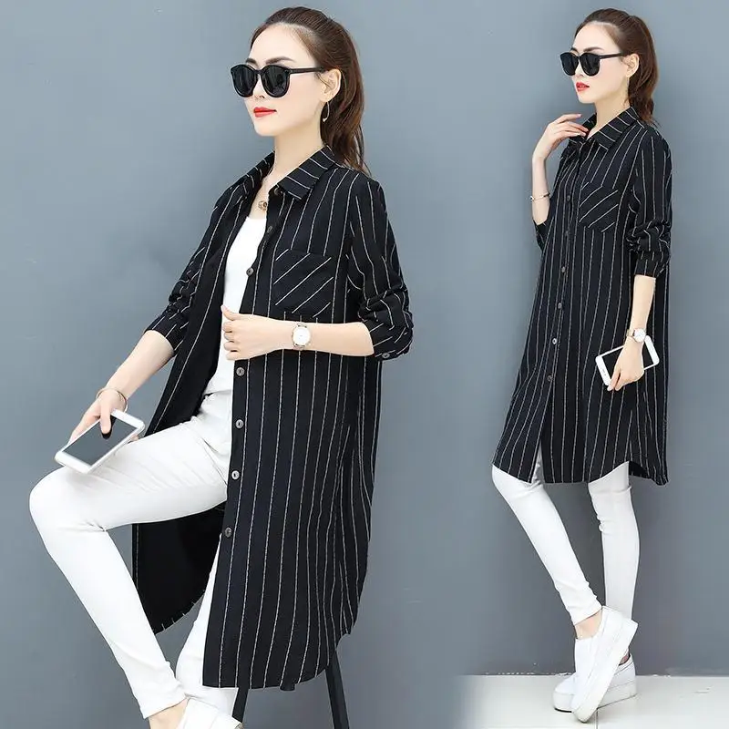 Casual Korean Midi Striped Print Shirt for Female Turn-down Collar Single-breasted Fashion Long Sleeve Blouse Women\'s Clothing