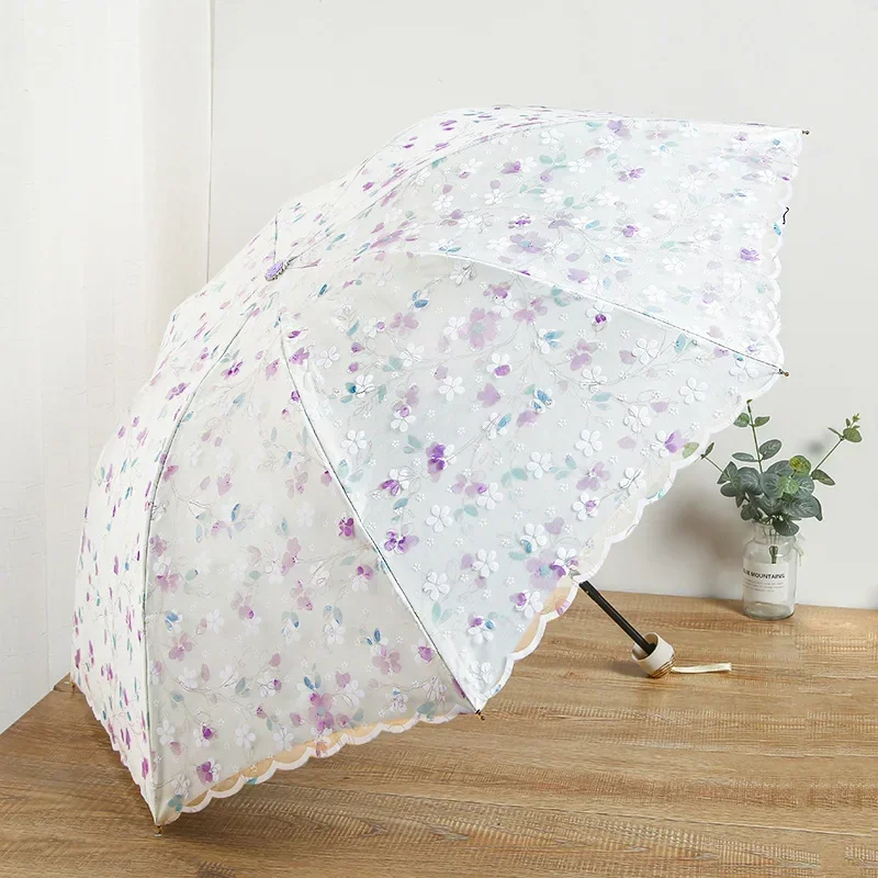 Fashion Double-layer Lace Floral Embroidery Folding Umbrella Summer Outdoor Mini Sunscreen UV Protection Foldable Sunny Umbrella