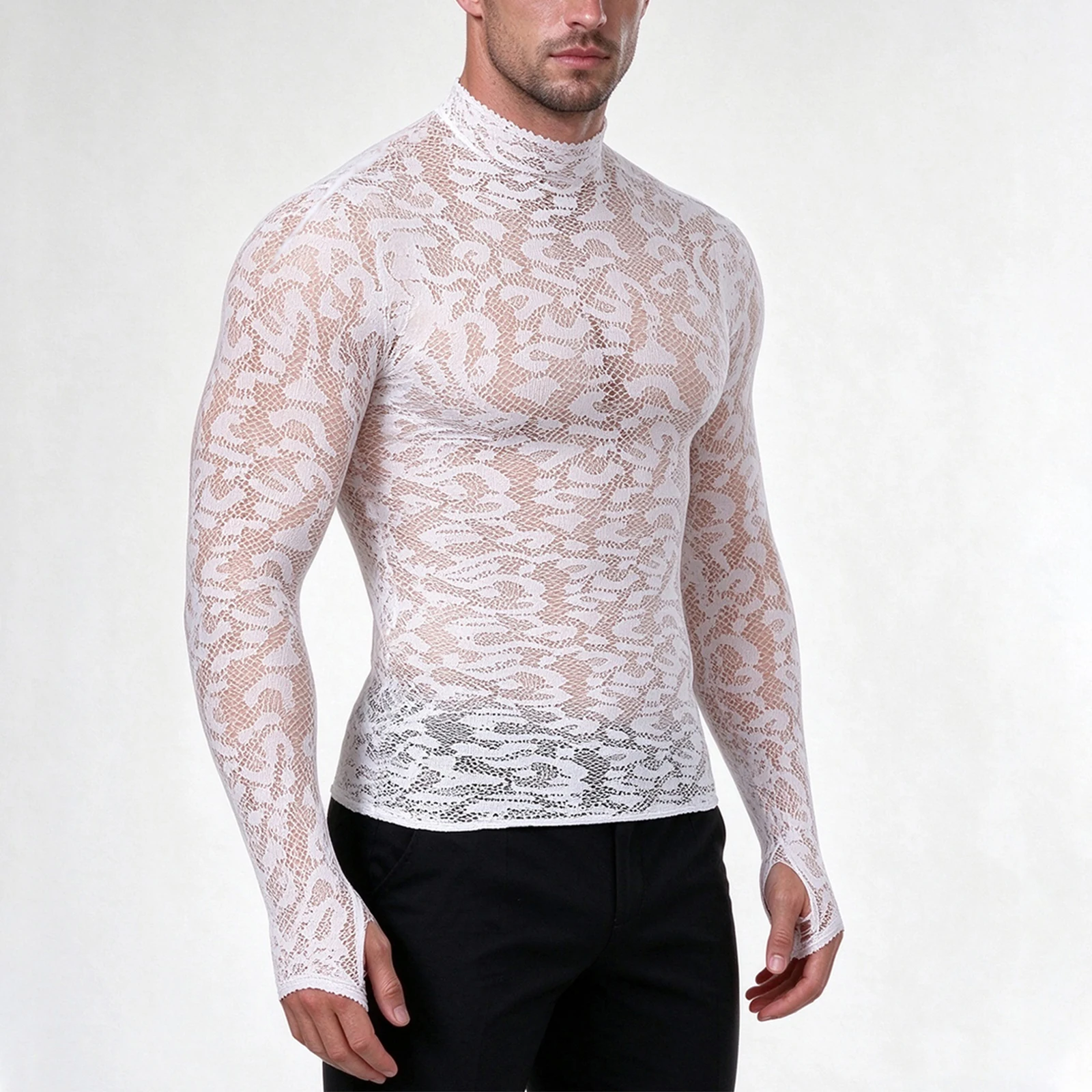 Sexy durchsichtiges Leoparden-T-Shirt, Netzstoff, langärmelig, Spitzen-Unterhemd, Herbst, Stehkragen-T-Shirt, transparente Oberteile mit Fingerbündchen – Detail 13