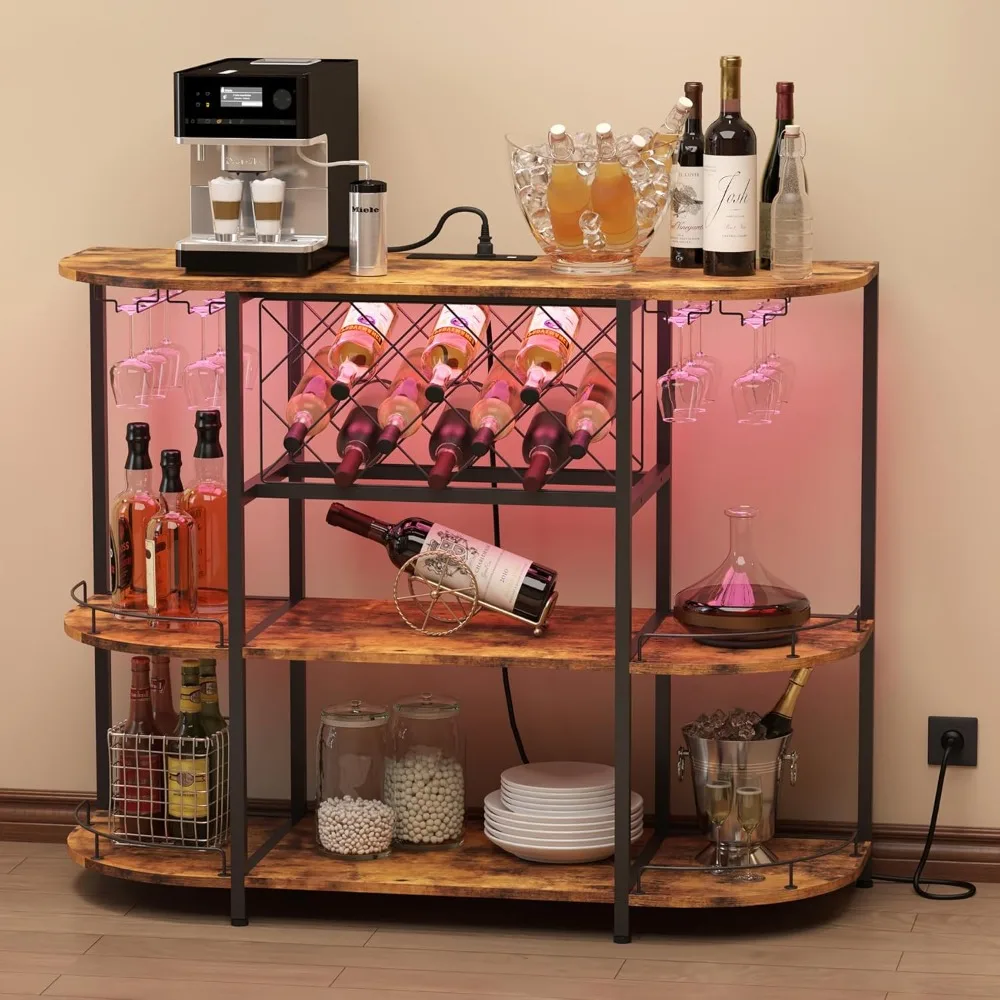 Tavolo da bar per armadietto del vino con presa di corrente e luce a LED, tavolino da bar a tre livelli Portabottiglie Liqour Bar con ampio spazio di archiviazione