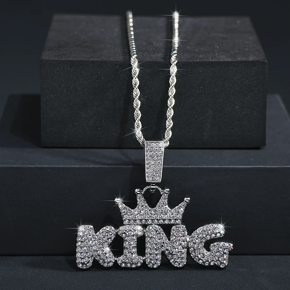 Fashion Hip Hop Crown with KING Pendant Necklace For Men Crystal Cuban Chain Iced Out Bling Hiphop Necklaces Rock Biker Jewelry