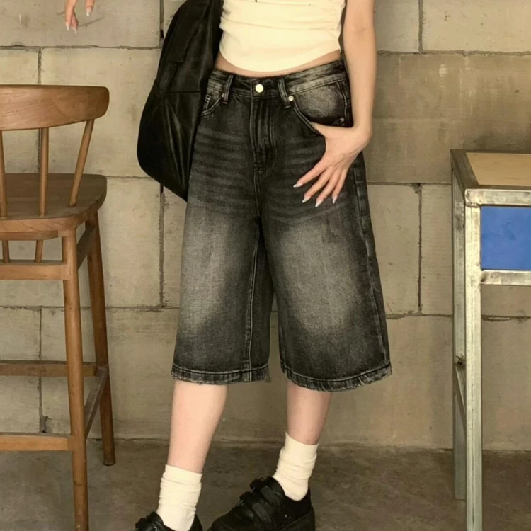 

Джинсы-капри с высокой талией и широкими штанинами, свободного кроя, женские, летние, повседневные, из выстиранного денима, в американском ретро-стиле, черные