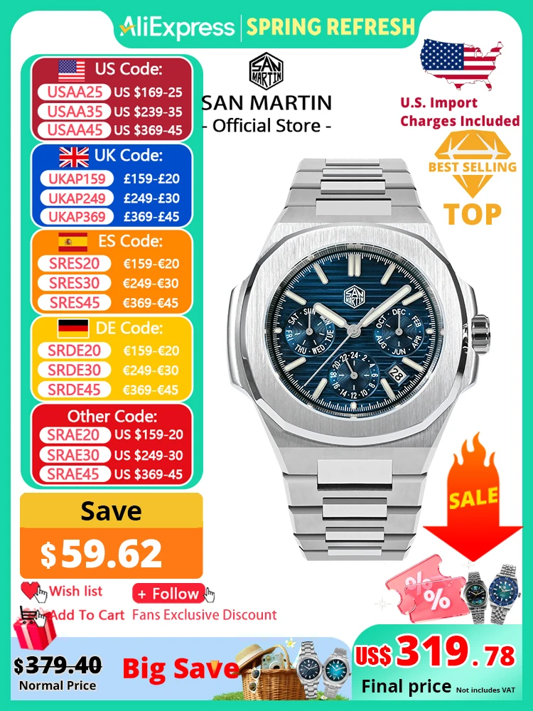 

San Martin 43mm Miyota 9120 Multi-function Men Luxury Dress Watch Waffle Texture Dial Business Automatic Mechanical 10Bar BGW-9