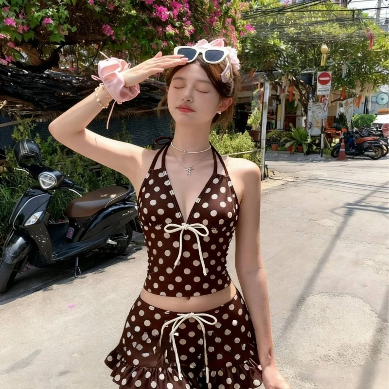 

2000s Women's Dot 3 Piece Bikini Sets Y2k American Vintage Crop Top Swimwear Summer Harajuku Sweet Sexy Beach Bathing Suit Chic