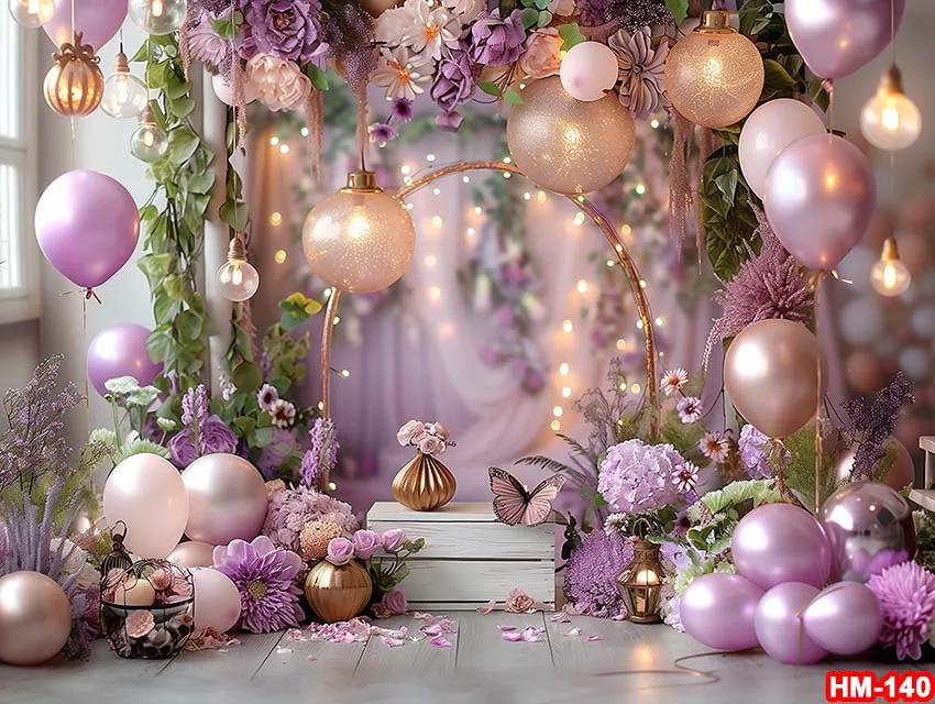 Fotografi Latar Belakang Musim Semi balon bunga kupu-kupu ungu dekorasi kue Smash Bayi Shower anak potret latar belakang Studio foto