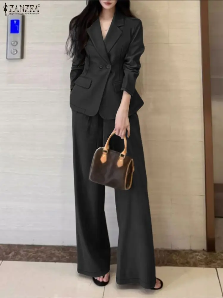 Zanzea feminino minimalista 2 peça define lepel pescoço blazer e calças de perna larga 2 pçs ternos 2026 primavera moda mulher outfits S-3XL