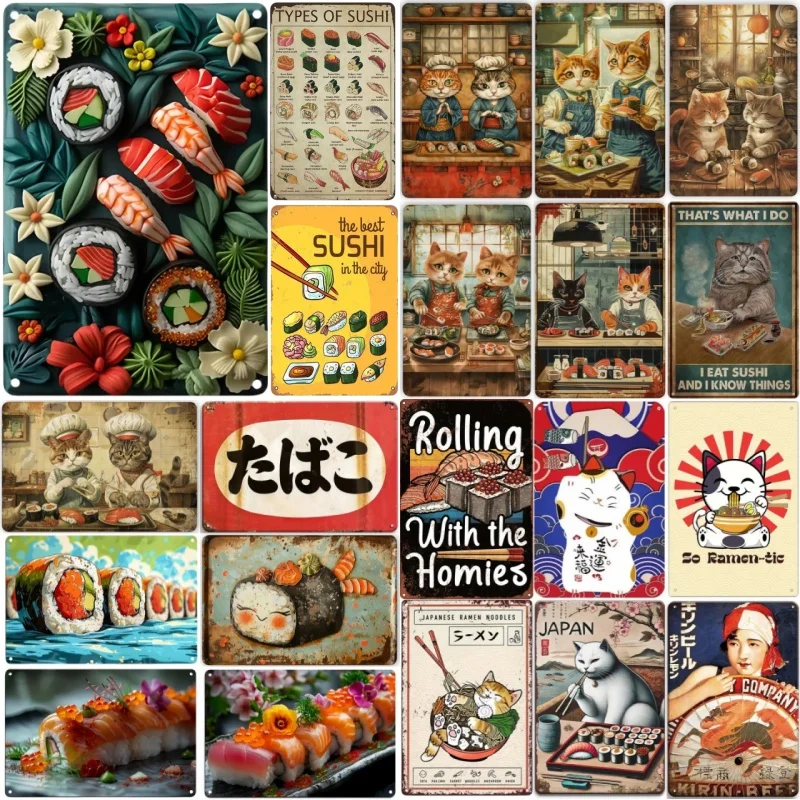 Vintage Metal Tin Poster Japanese Sushi Cat Metal Tin Signs Posters Plate Wall Decor for Bars Cafe Clubs Retro Posters Plaque