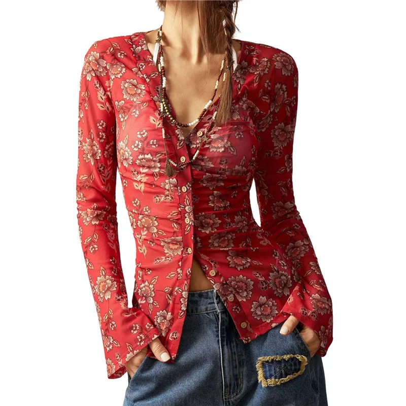 A09P Chemises à manches longues pour femmes, chemisiers Boho à imprimé floral, boutonné, col en V, hauts ajustés