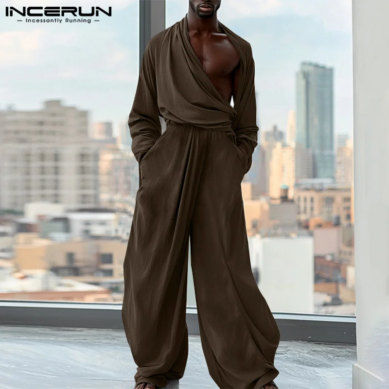 INCERUN 2024 Amerikaanse Stijl Rompertjes Mode Heren Deconstructie Geplooide Effen Jumpsuit Casual City Walk Clubwear Losse Jumpsuits