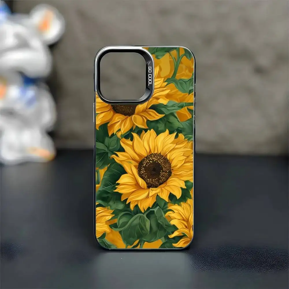 เคสโทรศัพท์ลายดอกทานตะวันสุดโรแมนติก สำหรับ iPhone 16,15,14,13,12,11,Mini,Pro,MAX สีดำด้าน กันกระแทก