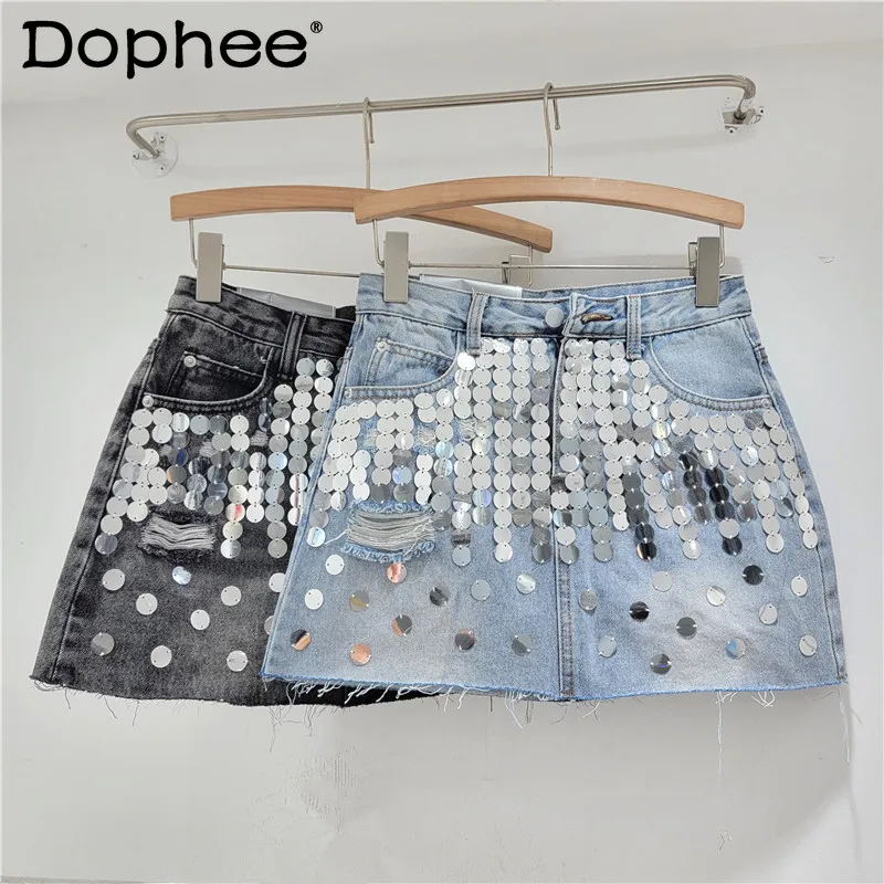 Fashionable Sequins Raw Hem High Waist A- Line Skirts Female 2024 Summer New Korean Style Slimming Black Denim Skirt for Women