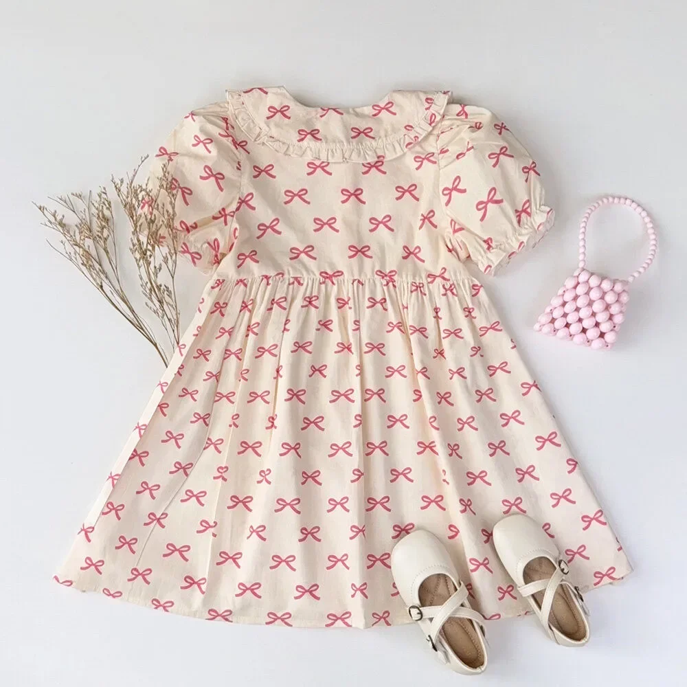 Sweet Fairy Tale Style Pink Bow Collar Bubble Sleeve Princess Dress Korean Version Summer New Girl Casual Clothes 3-7 Years Old
