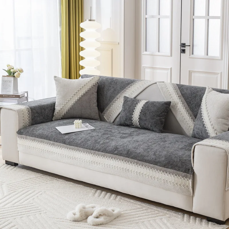 Linen Cotton Sofa Cover Non-Slip Sofa Cushion Cover Furniture Dust Cover Cotton and Linen Four Seasons Universal Solid Color
